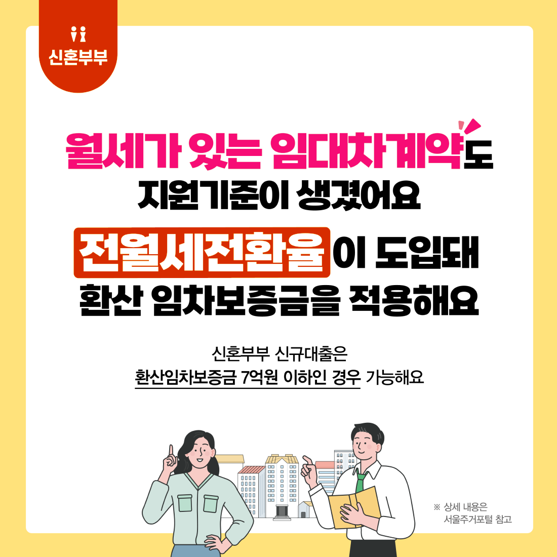 신혼부부, 월세가 있는 임대차예약도 지원기준이 생겼어요. 전월세전환율이 도입돼 환산 임차보증금을 적용해요. 신혼부부 신규대출은 환산임차보증금 7억원 이하인 경우 가능해요. 상세 내용은 서울주거포털 참고