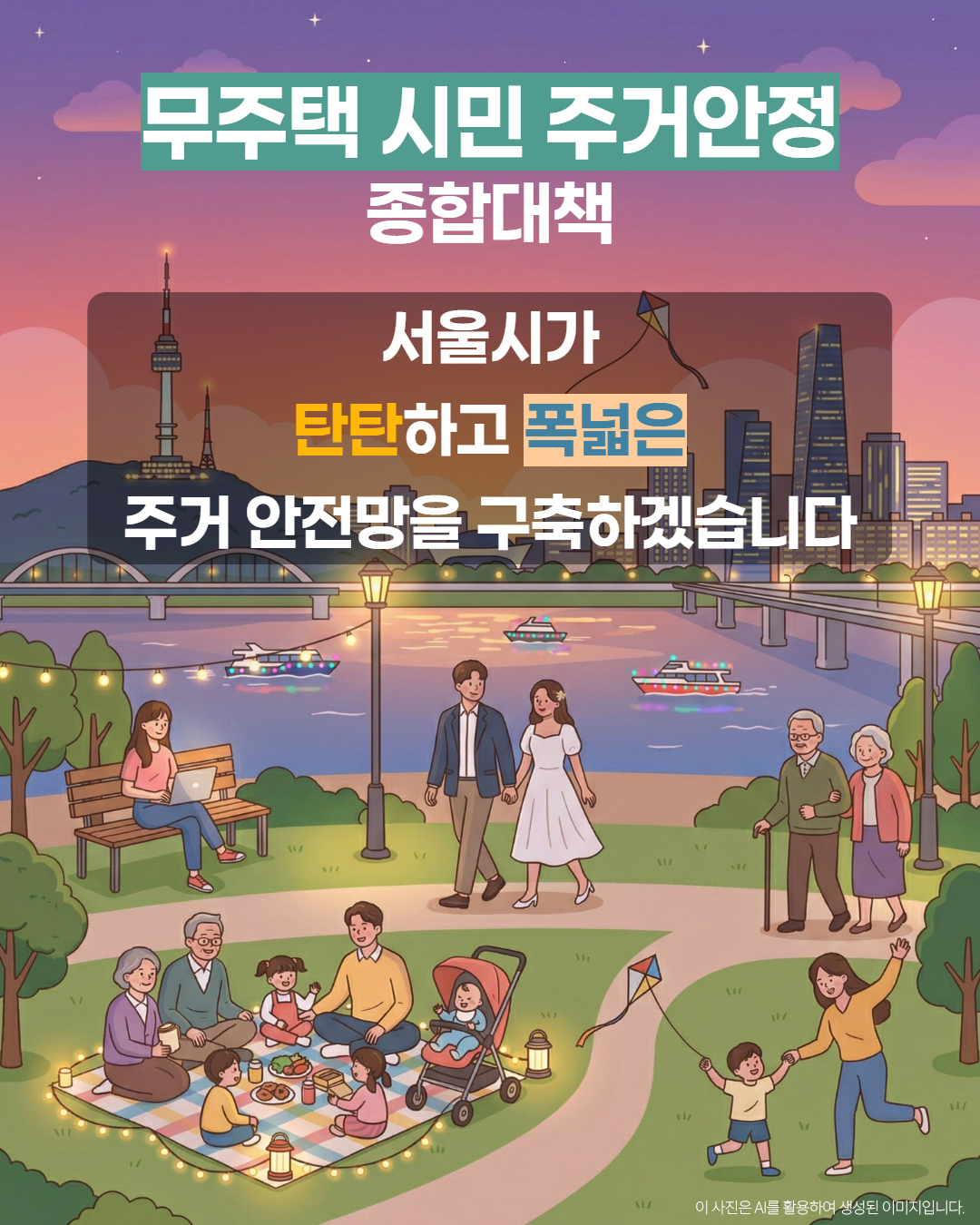 무주택 시민 주거안정 종합대책 - 서울시가 탄탄하고 폭넓은 주거 안전망을 구축하겠습니다. 이 사진은 AI를 활용하여 생성된 이미지입니다.