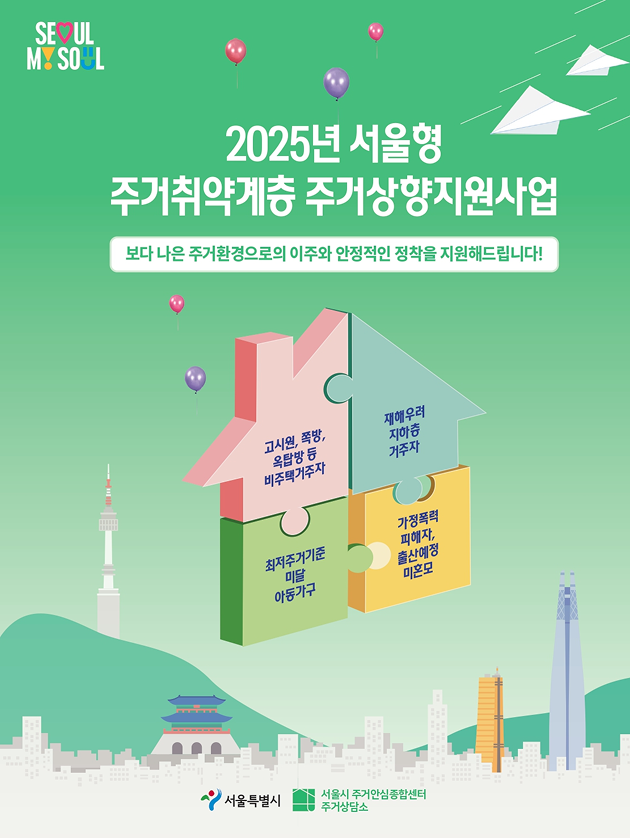 2025년 서울형 주거취약계층 주거상향지원사업: 보다 나은 주거환경으로의 이주와 안정적인 정착을 지원해드립니다! 고시원, 쪽방,옥탑방 등 비주택거주자/재해우려 지하층 거주자/최저주거기준미달 아동가구/가정폭력피해자,출산예정미혼모. 서울특별시, 서울시주거안심종합센터 주거상담소