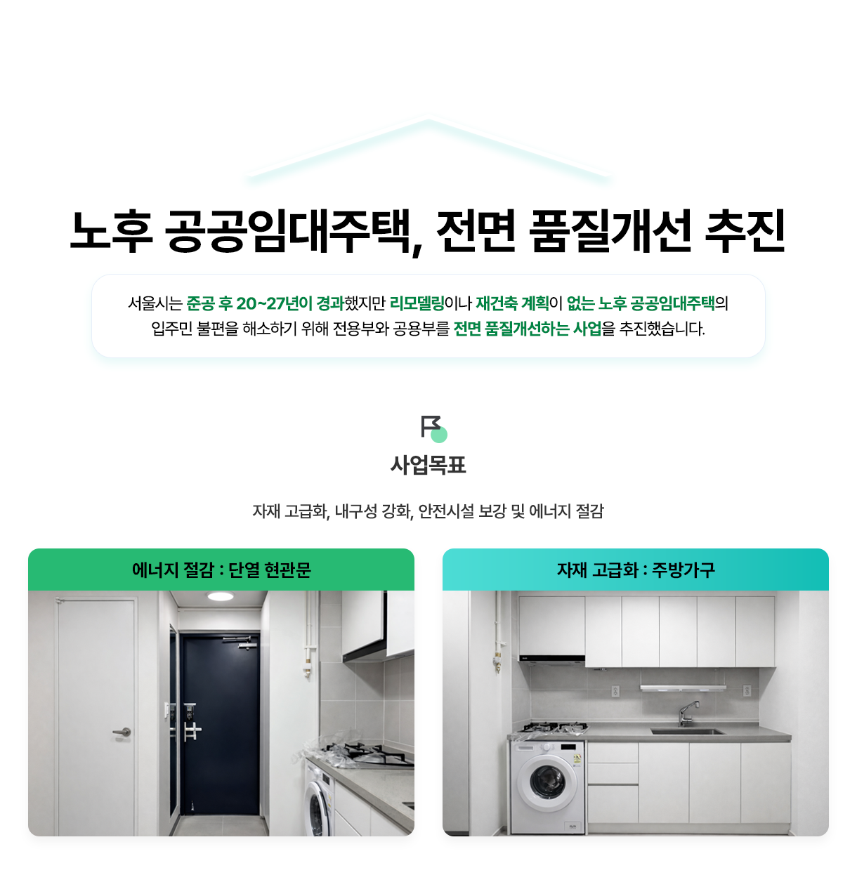 노후 공공임대주택, 전면 품질개선 추진 - 서울시는 준공 후 20~27년이 경과했지만 리모델링이나 재건축 계획이 없는 노후 공공임대주택의 입주민 불편을 해소하기 위해 전용부와 공용부를 전면 품질개선하는 사업을 추진했습니다. 사업목표: 자재 고급화, 내구성 강화, 안전시설 보강 및 에너지 절감. 에너지 절감 : 단열 현관문, 자재 고급화 : 주방가구